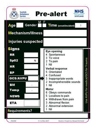 An SAS/NHS Scotland ambulance pre-alert form.