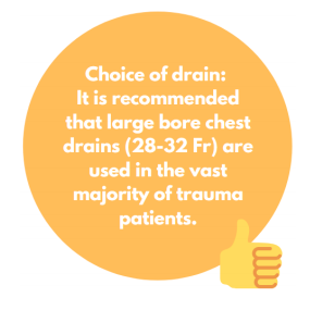 Choice of drain: it is recommended that large bore chest drains (28-32 Fr) are used in the vast majority of trauma patients.